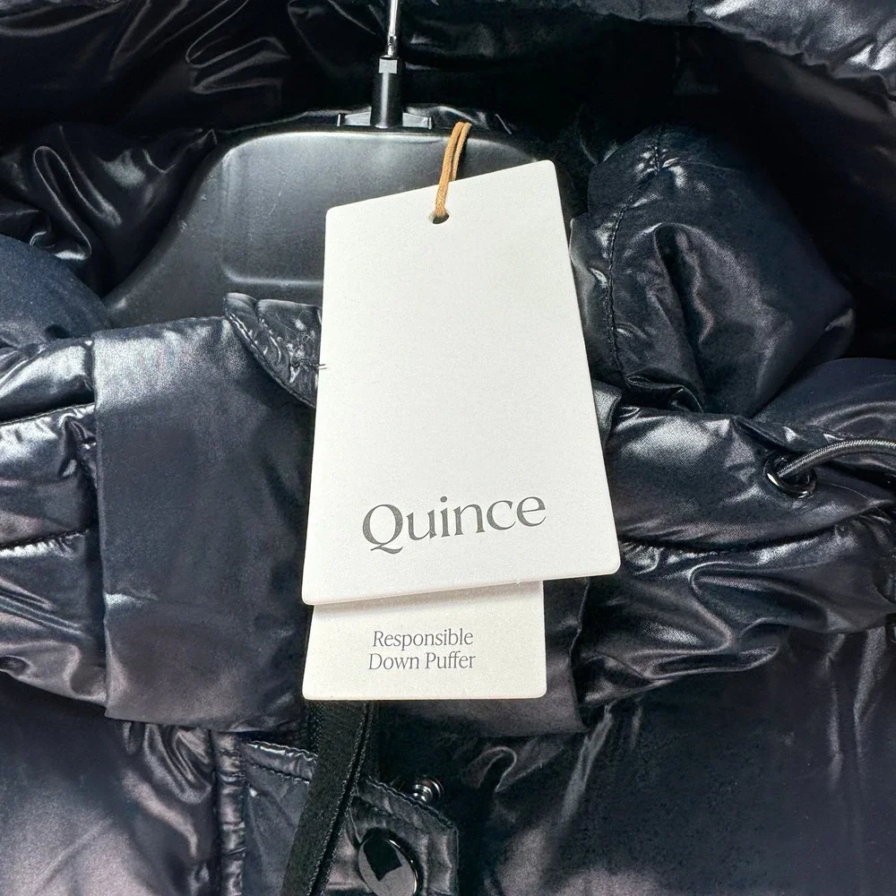 NWT Quince Women's Responsible Down Long Puffer Jacket Hooded Shiny Black Sz XS